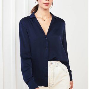 Quince Stretch Silk Washable Navy Silk Notch Collar Blouse